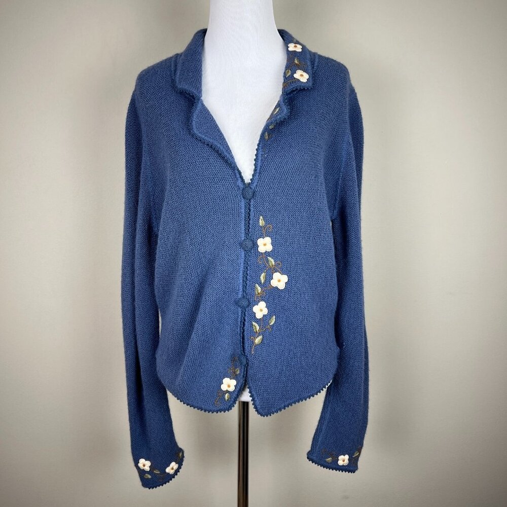 Factoria Perez Cardigan Sweater Womens M 100% Baby Alpaca Blue Embroidered‎ Peru